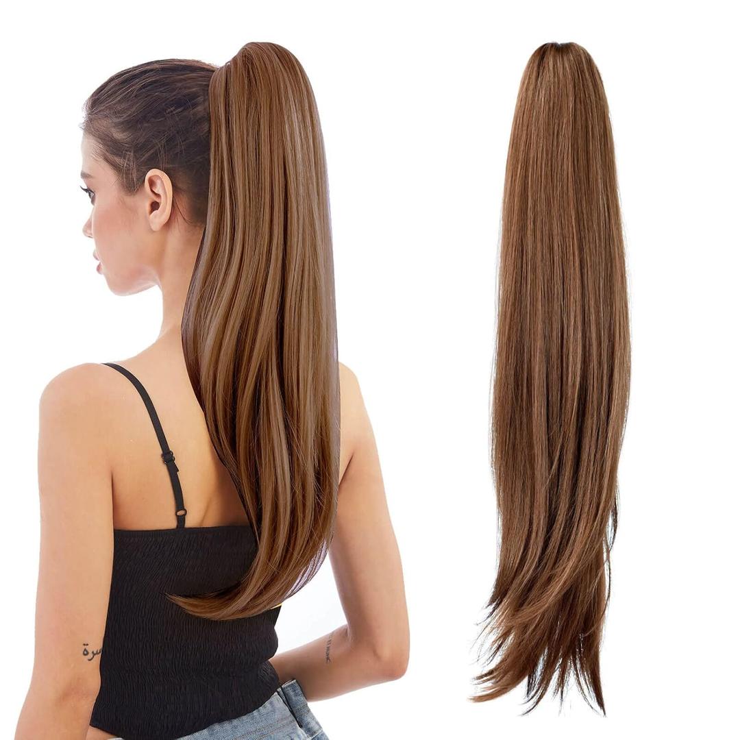 Ponytail Extensions, 24" Long Wavy Synthetic Hairpieces, Brown Ponytail Extensions, 24" Long Wavy Synthetic Hairpieces, Brown