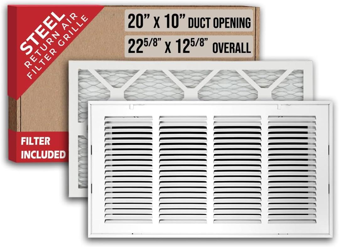 Fits 20x10 Duct Opening | Filter Included Steel Return Air Filter Grille by Handua [Removable Door] for 1-inch Filters | Vent Cover Filter Grill | White | Outer Dimensions: 22 5/8"W X 12 5/8"H