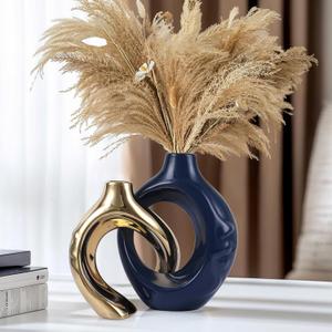 Navy Blue Gold Ceramic Vase Set of 2 for Modern Home Decor,Round Boho Vase for Pampas Grass,Neutral Minimalist Statue for Dining Room Table Centerpiece Dining Room,Wedding Table Decoration