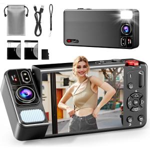 Digital Camera, 4K 64MP Cameras for Photography, 270Flip Screen Vlogging Camera, Autofocus, Flash, 18X Zoom, 2 Batteries, 64GB Card, Point and Shoot Digital Cameras for Kids Teens, Black
