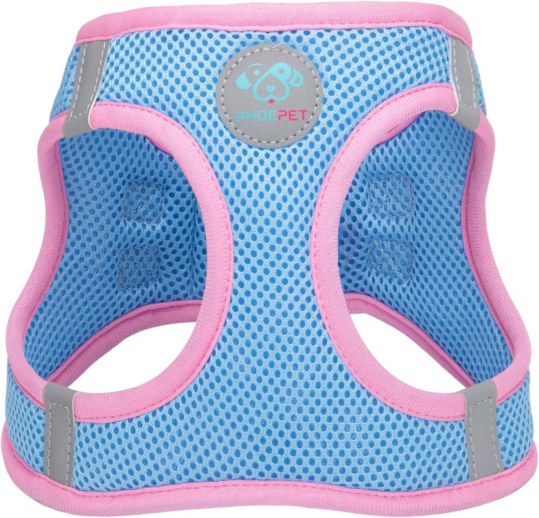 PHOEPET Step-in Dog Harness,Reflective Adjustable Dog Vest Harness, Soft Pet Walking Jacket with 2 Metal Leash Hooks for Dog and Cat(Baby Blue Base & Pink Straps,M (Neck: 11-12,Chest: 14.5-16))