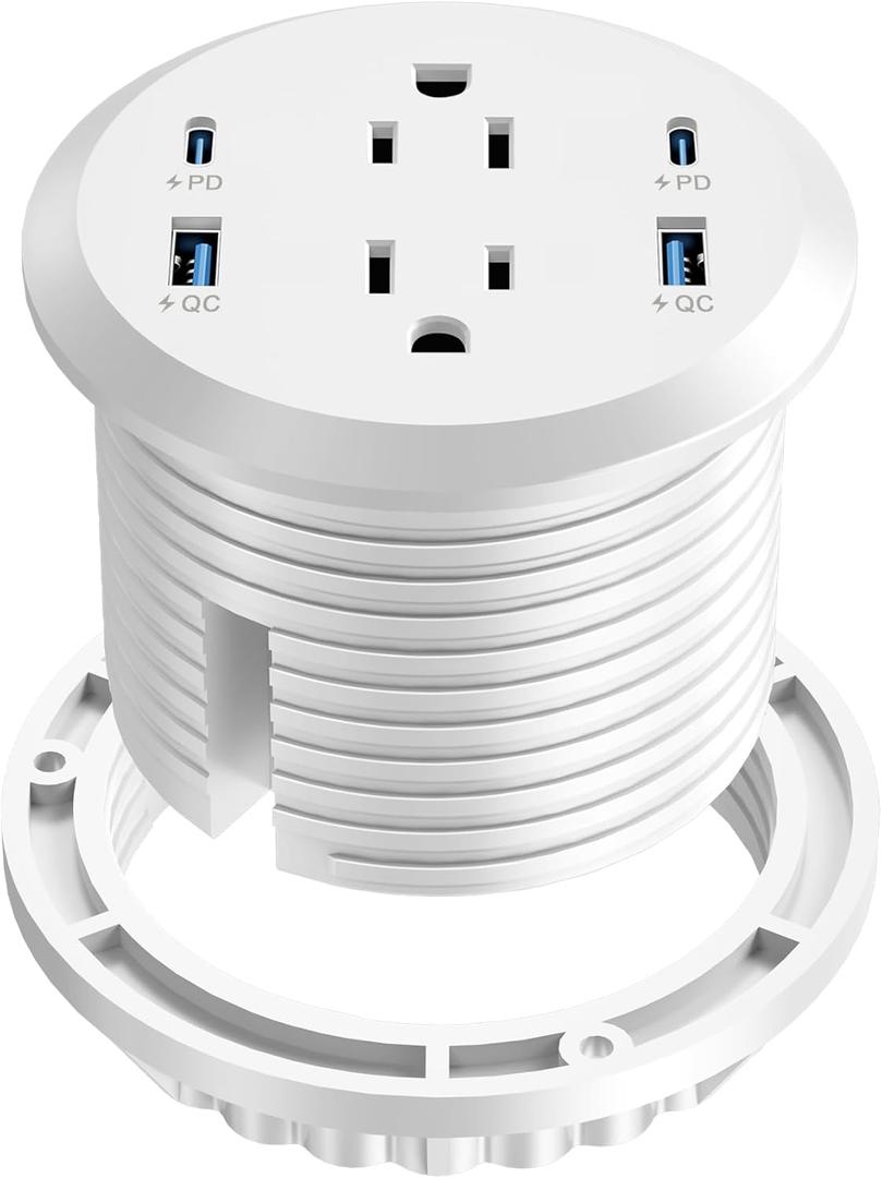 Desktop Power Grommet, 65W USB C Fast Charging, Flush Mount Recessed Power Strip 3-Inch Hole, 2 Outlets, 4 USB Ports, Countertop Outlet (White)
