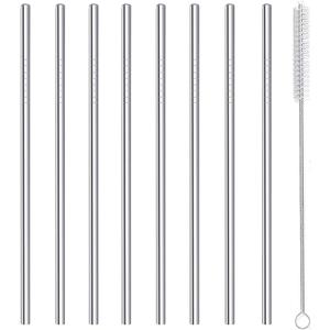 Stainless Steel Straws Metal Reusable Drinking Straw for Juice Iced Coffee Cold Beverage Water Highball Glasses 20oz Tumblers Mugs Cups, 0.24" 6mm Wide 215mm Long, Set of 8 with Brush, Silver (0.24" Width x 8.46" Length)