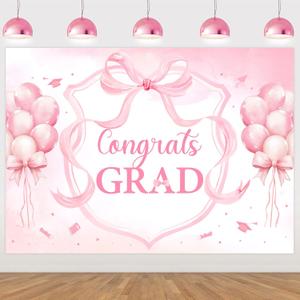 Pink Bow Graduation Party Decorations Backdrop Banner 7 x 5 ft Congrats Grad Background Photo Booth Prop Vinyl Pre-Punched Hole for Girl Class of 2026 Congrats Grad Congratulations Party