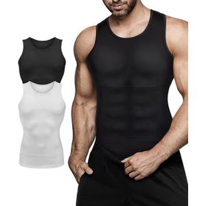 Mens Compression Shirt Slimming Body Shaper Vest Workout Tank Tops Abs Abdomen Undershirts (Large, Black+white)