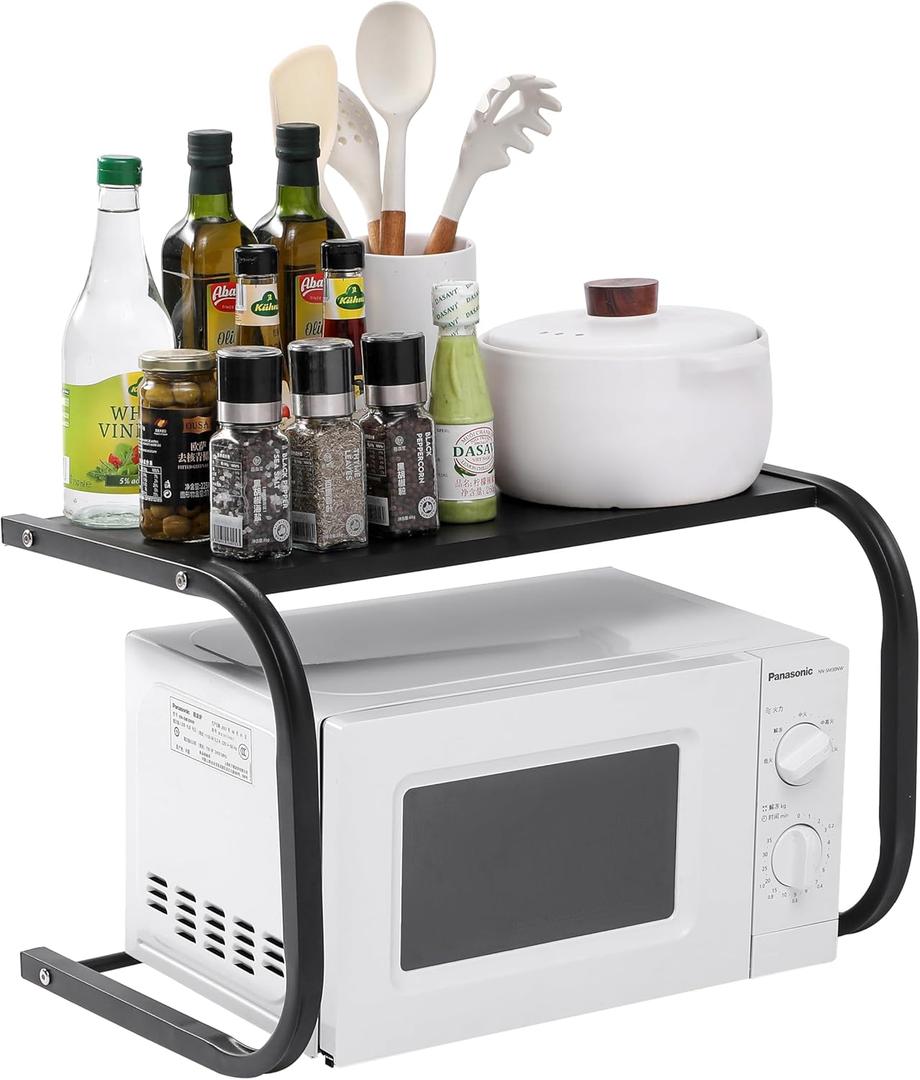 Microwave Stand for Countertop, 2-Tier Metal Microwave Shelf Organizer for Small Spaces, Compact Black Oven Rack for Kitchen Counter, Sturdy Microwave Table Shelf for Home or Office