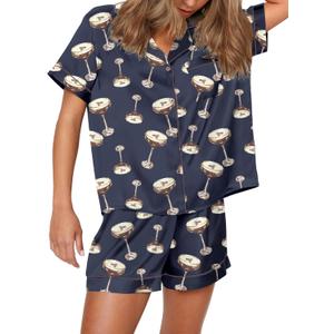 SHESHOW Funny Graphic Pajamas for Women Set Button Down Short Sleeve Top and Shorts Pjs Sets Sleepwear XS-XXL (Large, Martini Blue)