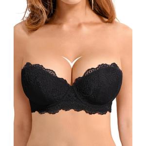 Women's Strapless Push Up Bra Convertible Multiway Lace Padded Underwire Bras with Clear Straps (34B, Black)
