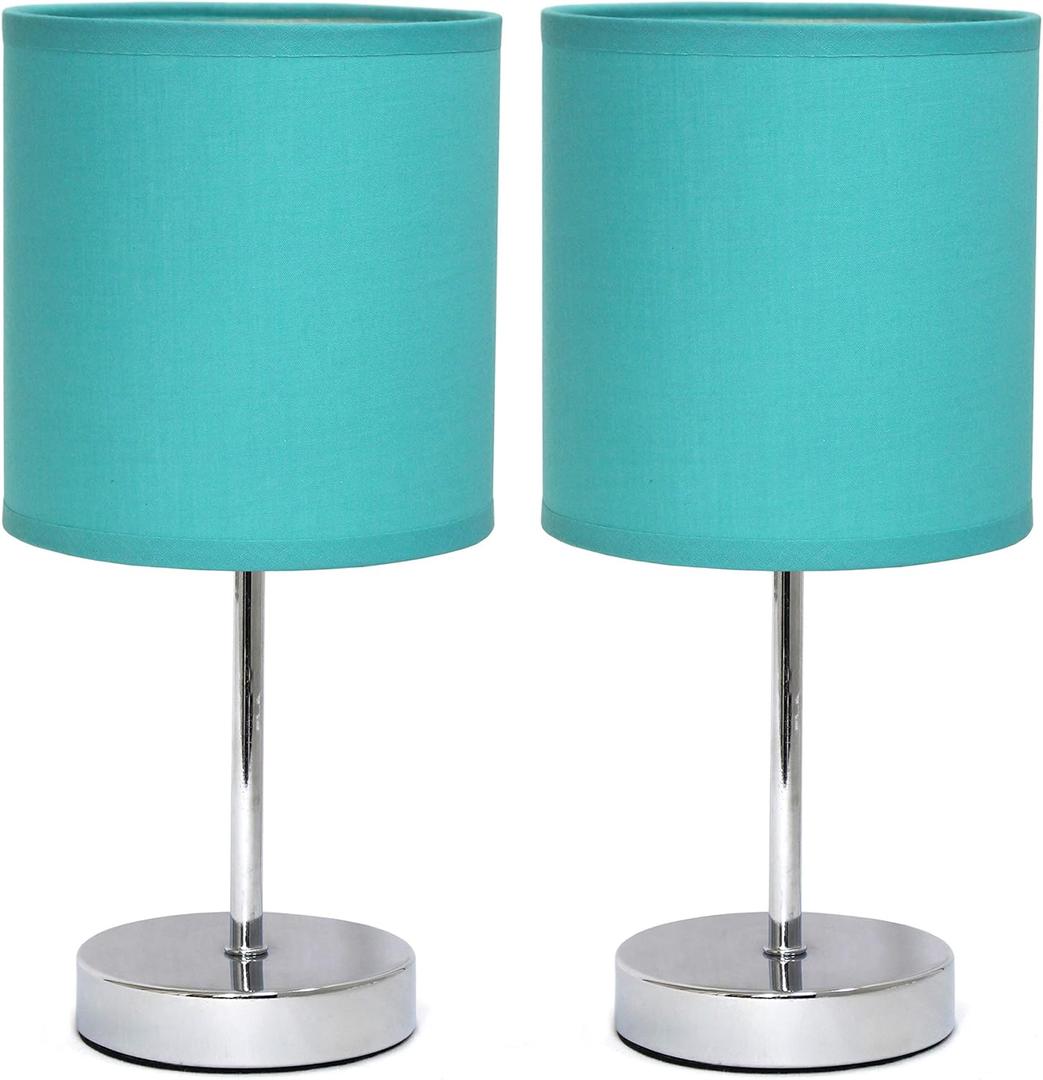 Simple Designs LT2007-BLU-2PK Chrome Mini Basic Table Lamp with Fabric Shade 2 Pack Set, Blue Turquoise (No Bulb)