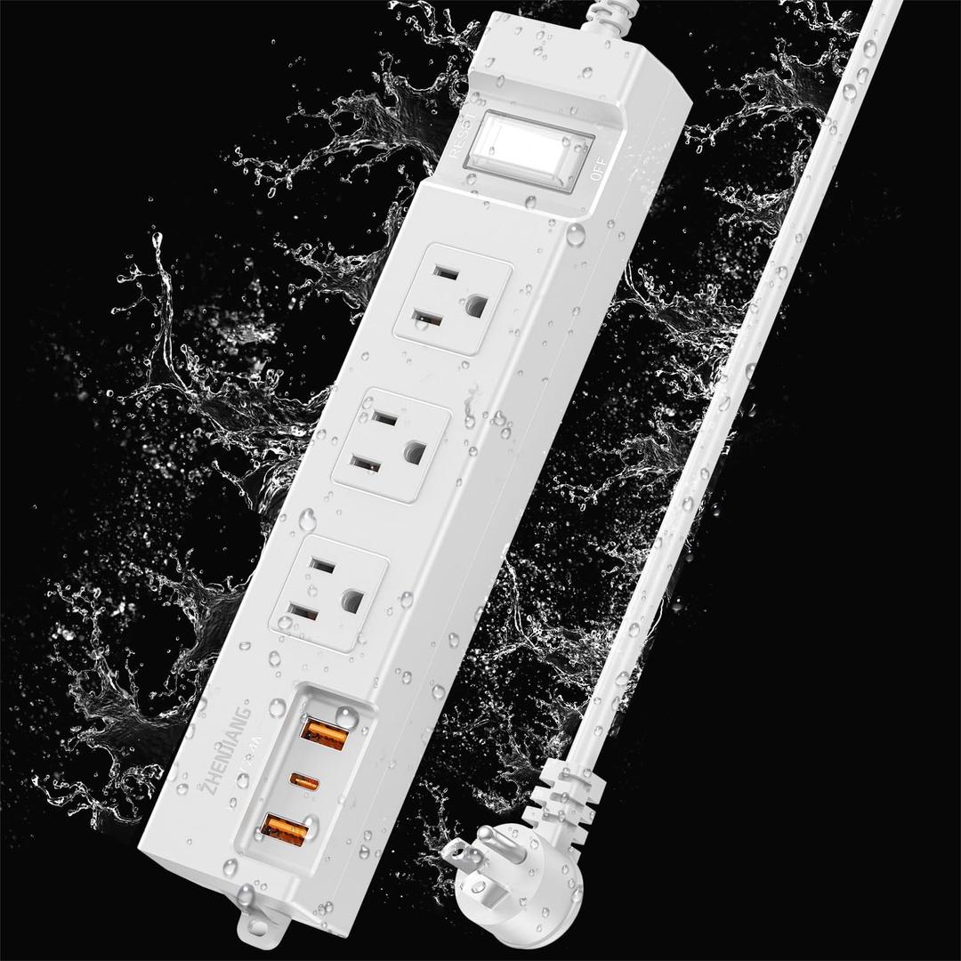 Outdoor Power Strip Weatherproof, Extension Cord Shockproof Outlet Extender, Waterproof Surge Protector 3 Wide Outlets USB Fast Charging 1875W Overload Protection Kitchen Christmas Lights 20FT White