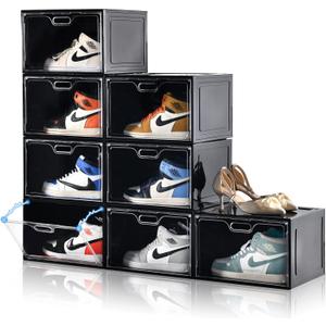 8 Pack Shoe Boxes Black Plastic Stackable, Large Shoe Storage Organizer,Drop Side Front Shoe Containers for Entryway,Sneaker Storage Fit up to US Size 13 for Men/Women(13x 10.6x 8.3)