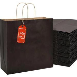 PAICUIKE 100Pcs Black Kraft Bags with Handles, 11x6x11 Inch Square Gift Bags for Retail, Shopping, Party Favors, Fathers Day, Events & Small Business | Sturdy & Versatile