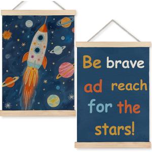 URLLUAE Rocket Space Wall Art Posters for Kids Room, Outer Space Planet Motivational Poster Hanger Frame for Boys Bedroom Classroom Nursery Playroom Wall Decor, 12x16 Inch Set of 2