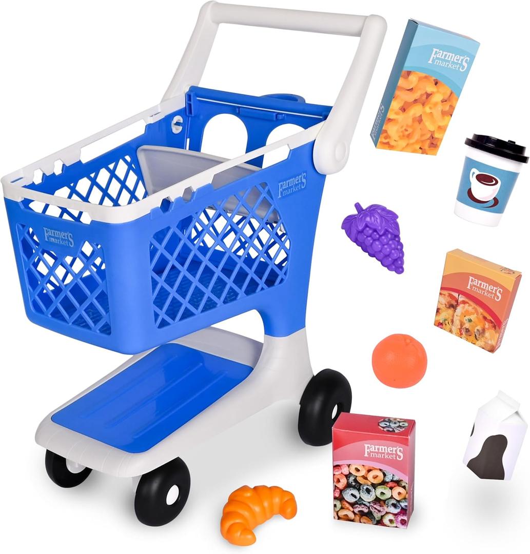 Let's Go Shopping Pretend Scan & Sort Shopping Cart, Sturdy Plastic, Includes Pretend Food, Blue Shopping Cart for Kids Age 2+