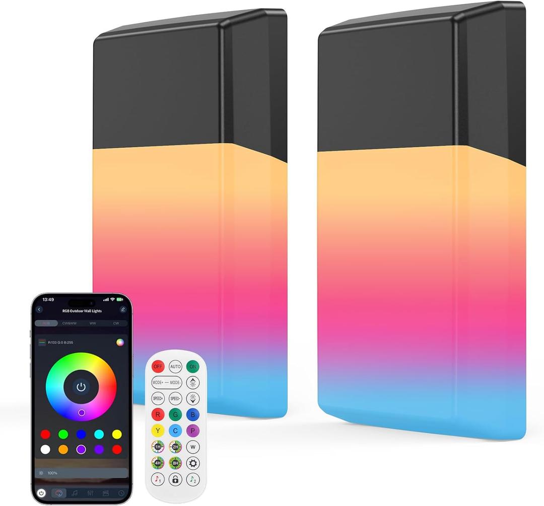 Outdoor Wall Lights RGB, 1500LM Smart Exterior Porch Sconces Wall Mounted Lighting, IP65 Waterproof, DIY Lighting for Garden, Garage and Patio - Ideal for Festivals The Christmas and Parties, 2 Pack