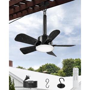 NWOP 20 Inch Plug-In Outdoor Ceiling Fan with Light and Remote, Waterproof Wet Rated Mini Ceiling Fan for Small Spaces, 5 Blade Quiet Compact Ceiling Fan for Patio Balcony Gazebo Porch, Black
