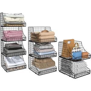 4-Pack Stackable Wire Baskets for Closet Organizers and Storage, Open Storage Bins for Clothes, Toys, and Snacks - Rustic Metal Closet Organizers and Storage Shelves in Black