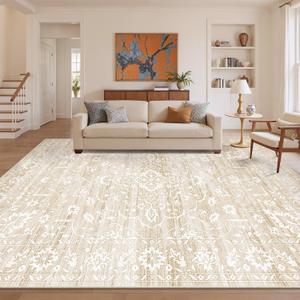 Living Room 10x14 Area Rugs, Washable Low Pile Non-Slip Stain Resistant Extra Large Thin Rug, Vintage Soft Throw Carpet for Dining Room Bedroom Farmhouse Home Office Decor Beige