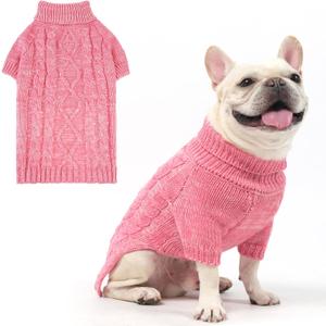 KOOLTAIL Valentines Dog Sweater Turtleneck Cable Knitwear Pet Cold Weather Coats with Leash Hole, Warm Winter Pullover Clothes for Bulldog, Yorkie,Boy Girl, Pink S/M