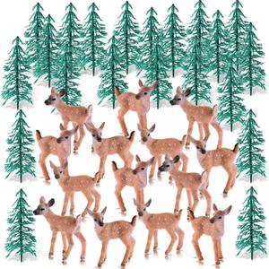 34 Pieces Deer Figures and Model Trees Miniature Deer Figurines for Crafts Woodland Animals Deer Toys Realistic Mini Deer Figurines Cake Toppers for Birthday Party Baby Shower Christmas Party Decor