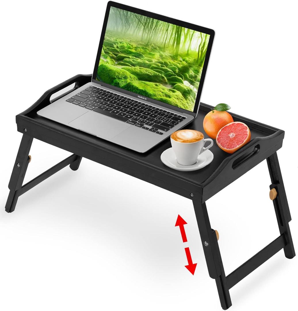 Breakfast Bed Tray for Eating - Height Adjustable Raised Food Table - Bamboo Serving Tray on Lap Sofa - Portable Snack Platter with Folding Legs Ideal for Bedroom, Picnic - Black (Medium)
