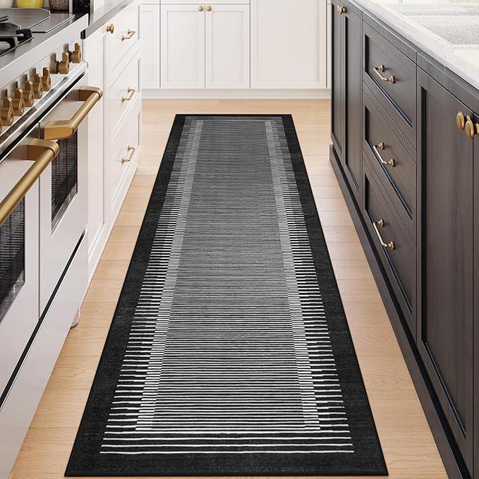 Wonnitar Washable Striped Black Runner Rug for Hallway 2'6"x8', NonSlip Kitchen Runner Rug, Low Pile Minimalist Soft Rug Runner for Bedroom Hallway Bathroom Laundry Entryway (Black, 2'6" x 8')