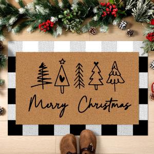 Tinideya 2 Pcs Merry Christmas Door Mat Xmas Tree Welcome Non Slip Coir Mats Heart Xmas Black White Buffalo Plaid Floor Layering Doormats Seasonal for Front Porch Entryway Decor(Christmas)