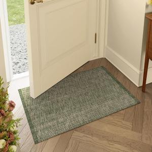 LEEVAN Washable Bathroom Rug, 2'x3' Low Profile Entryway Rugs Front Door Mat Cotton Reversible Kitchen Mat Boho Bedroom Rug Farmhouse Carpet for Foyer Front Porch Decor(Green&Natural)