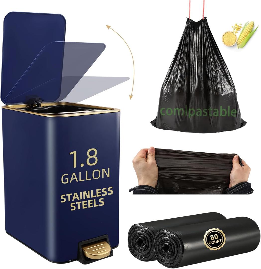 Small Bathroom Trash Can with Lid Soft Close, 1.8 Gallon Stainless Steel Garbage Can with Removable Inner Bucket,80Count Trash Bags, Slim Step Pedal Trash Bins (Navy Blue)