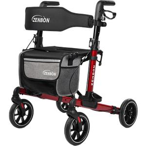 Rollator Walker for Seniors/Adults Foldable in Two Directions Rolling Walker with Seat 330 lbs Capacity 4 Big 8 inch Wheels Hand Grips Adjustable Height Lightweight Aluminum Walker 7204(Red)
