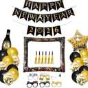 2026 New Years Eve Party Decorations With Happy Year Banner, New Year Eyeglasses, Gold Blowouts For Black and Gold Funny Photo Booth Props For New Years Eve Party Supplies