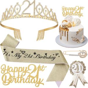 21st Birthday Decorations for Her, Including 21st Birthday Sash, Corsage, Rhinestone Tiara Crown, Badge Pin, Cake Toppers 21 Year Old Gifts for Her(Gold)
