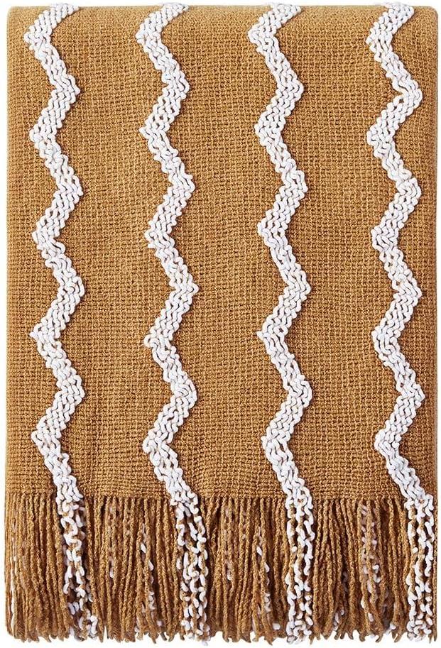 BOURINA Fluffy Chenille Knitted Fringe Throw Blanket Lightweight Soft Cozy for Bed Sofa Chair Throw Blankets, 60" x 80",Mustard