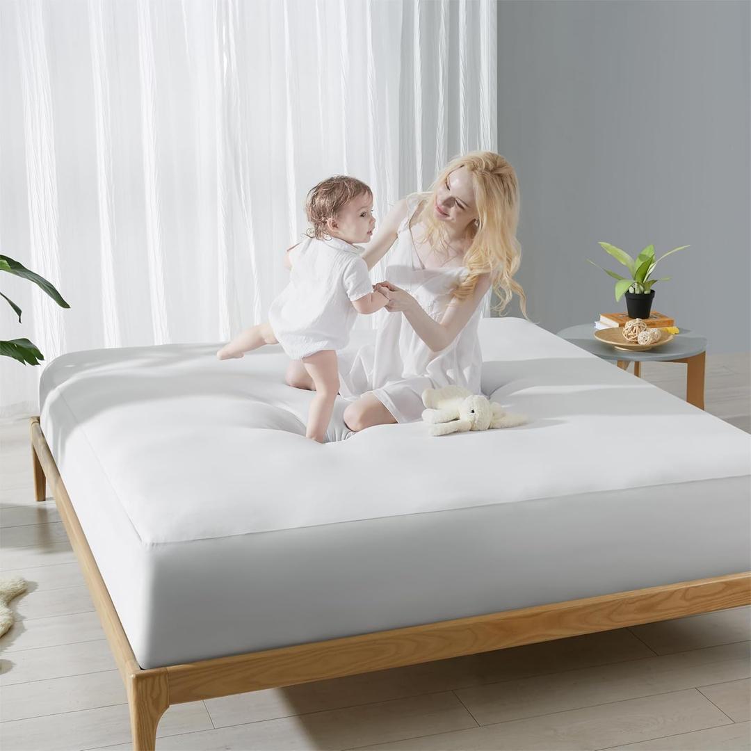 KUB Mattress Topper&Cooling Mattress Protector Bed Fitted Sheet Set, Deep Pocket&4 Elastic Bands, Triple Anti-Slip, Back Pain Relief, Breathable Soft 2 inch Mattress Pad Cover (White, Twin)