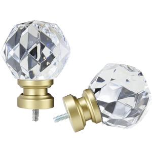 Decorative Curtain Rod Finials Luxury Crystal-clear Faceted, Round, Set of 2, Compatible with 1'' or 1-1/8'' dia curtain rod, Standalone finial pair,Gold