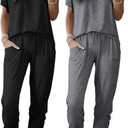 Ekouaer 2 pack Pajama Sets for Womens Jogger Pants Pjs Short Sleeves Lounge Set Soft Sleepwear with Pockets (Black, M)