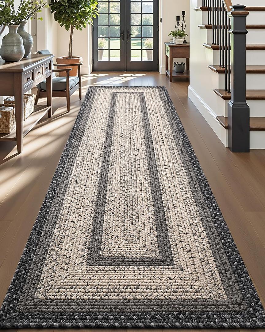 DEXI Woven Hallway Runner Rug, 3x10 Rustic Braided Vintage Carpets, Non Slip Indoor Outdoor Farmhouse Floor Rugs for Entryway, Kitchen, Laundry Room, Black/Ivory