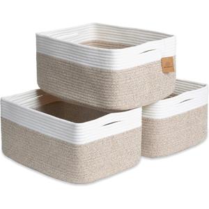 NaturalCozy Storage Baskets 16.8x13x7.6 Cotton Rope Woven Baskets for Organizing 3-Pack | Toy Storage Bins | Basket for Shelves, Laundry, Blanket, Clothes, Closet, Kitchen, Bathroom, Gifts (Off White & Mixed Brown)