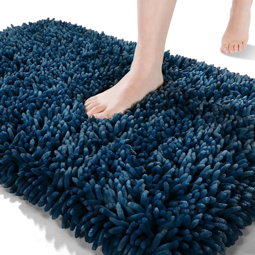 Yimobra Chenille Bathroom Rugs Non Slip, Extra Thick Soft Absorbent Bath Rug 24x17 Inch, Machine Washable Quick Dry Bath Mat for Bathroom Floor, Tub and Shower, Home Decor Accessories, Navy Blue