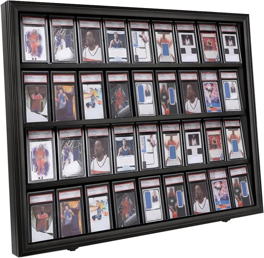 36 Graded Sports Card Display Case with UV Protection Lockable Wall Frame Cabinet for Basketball Football Baseball Hockey Trading Cards-Black Finish