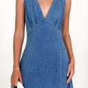 yoeasy Women's Summer Denim Dress Sleeveless V Neck High Waist Trendy Casual A Line Jean Maxi Dress (Blue) S