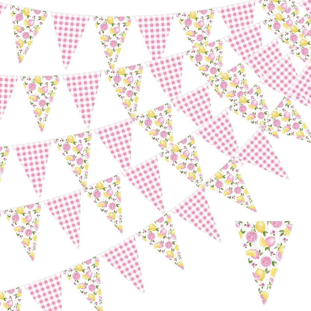 Gilprop 5 Pcs 49 ft Lemon Gingham Banner Pink Yellow Lemonade Checkered Party Decoration Summer Fruit Pennant Garlands Paper Triangle Flag for Bridal Baby Shower Wedding Birthday Party Supplies