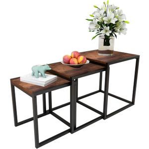 Nesting Table Set of 3 Side Tables, Modern Coffee Table Stacking End Table with Metal FrameBrown
