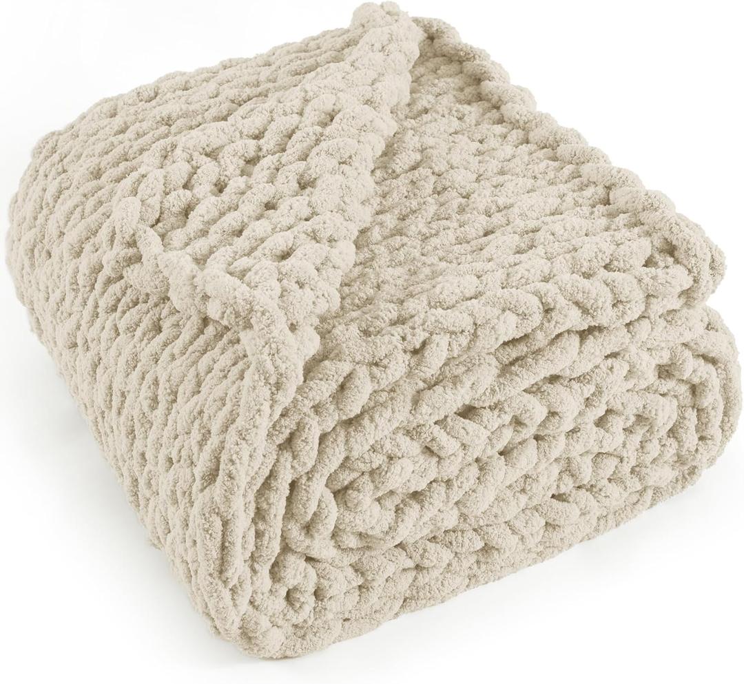 Chunky Knit Throw Blanket 60"X 80", 100% Handmade with Soft Chenille Yarn, 6.7lbs Thick Cable Knitted Blankets, Large Rope Knot Crochet Throws for Couch Sofa Bed Home Decor, Beige