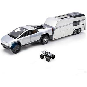 Toy Car Alloy Truck Set with Trailer and Motorcycle Cyberpickup Toy with Sound and Light Effect Pull Back Vehicle RV Toy EV Model Ideal Gift for Kids Boys Girls Adult Age for 3+