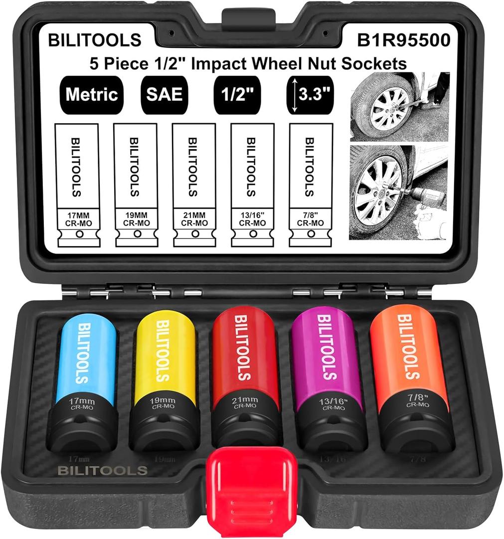 BILITOOLS 1/2 inch Drive Impact Lug Nut Socket Set, Metric 17-19 - 21 mm & SAE 13/16-7/8 inch Non-Marring Thin Wall Wheel Nut Socket