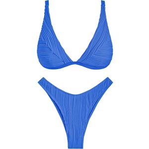 ZAFUL Women's Sexy Two Piece Swimwear Textured Triangle Plunging Neck High Cut Cheeky Bikini Set Solid Color Swimsuit (Medium, Blue)