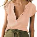 Women's Deep V Neck Low Cut Tops 2025 Casual Ribbed Knit Henley T Shirts Summer Short Sleeve Tees (XS, Pink)