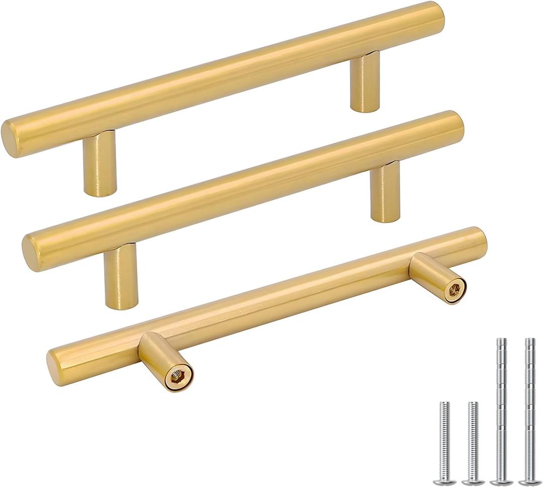 goldenwarm Kitchen Cabinet Pulls Brushed Brass Drawer Handles - Modern Cabinet Drawer Pulls Gold Kitchen Hardware, 4.5in Hole Centers, 5 Pack