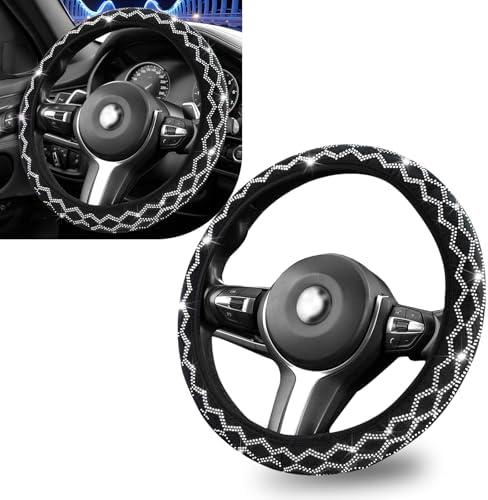 Jewkot  Bling Car Steering Wheel Cover, 14.9" Diamond Decoration Non-Slip Cover for All Seasons, No Inner Ring Tight Fit Breathable and Dustproof Protector, Universal for Cars Trucks (White) 3 PACK